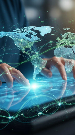 Close-up of hands manipulating a 3D globeの写真素材