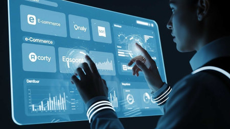 Person using touchscreen with business analytics data