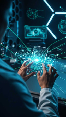 Hands manipulating a holographic smartphone in a futuristic digital environmentの写真素材