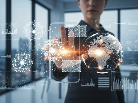 Woman touching holographic globe with data graphics