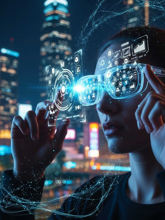 Man interacting with holographic interface in futuristic VR glasses