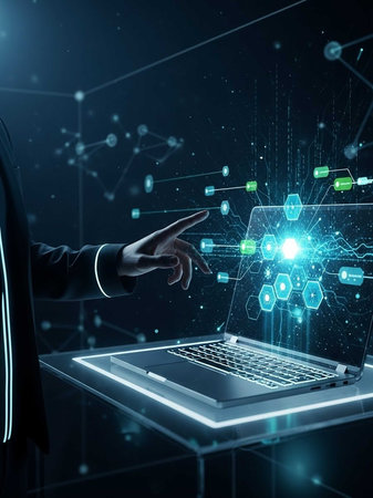 Person in suit pointing at holographic interface above laptopの写真素材