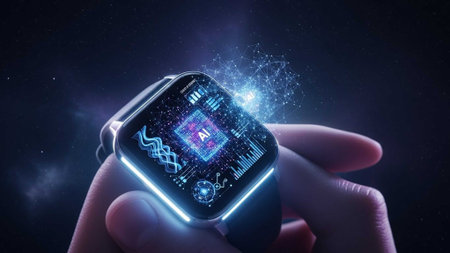 Hand holding smartwatch with glowing circuit board displayの写真素材