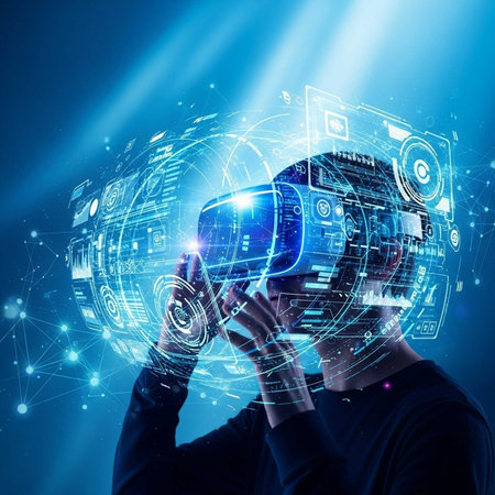 Individual wearing VR headset interacting with digital holograms