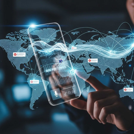 Hand interacting with holographic smartphone map