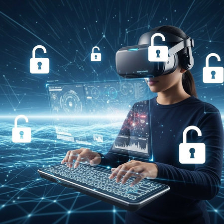 Person wearing VR headset typing on laptop with digital locks