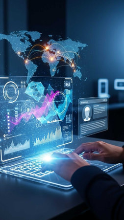 Person using laptop with holographic data, graphs, and world map