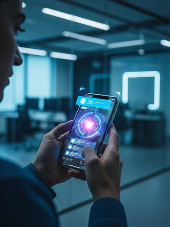 Man holding smartphone with app interface in officeの写真素材