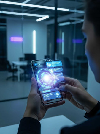 Hands holding smartphone displaying holographic interface in modern office