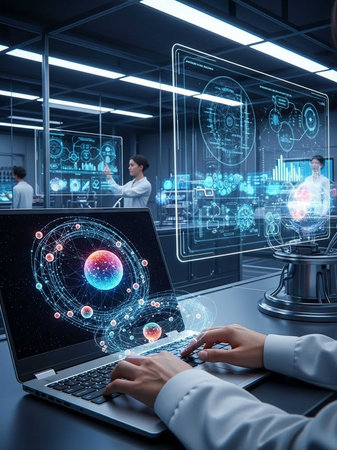 Person in lab coat using laptop with holographic data displaysの写真素材