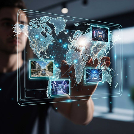 Holographic display showing world map and imagesの写真素材