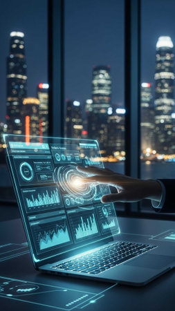 Person interacting with holographic laptop screen in modern officeの写真素材