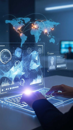 Hands typing on laptop with holographic maps, charts, and profilesの写真素材