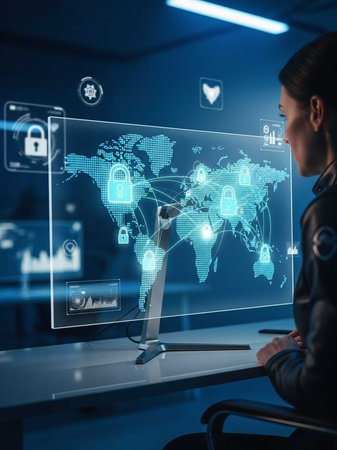 Person using holographic map with security iconsの写真素材