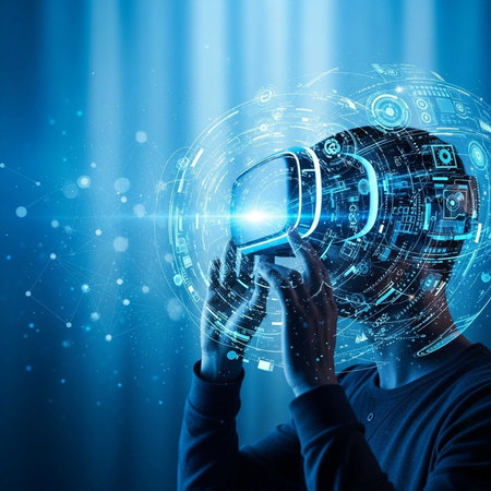 Person wearing VR headset in futuristic digital settingの写真素材