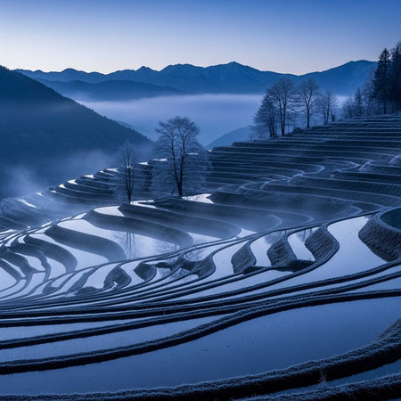 Serene terraced fields with misty mountains in the backgroundの写真素材