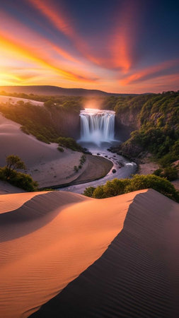 Majestic waterfall in desert at sunsetの写真素材