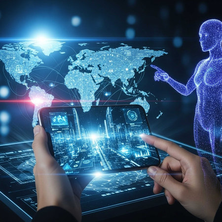 Hands interacting with holographic screens and digital globeの写真素材