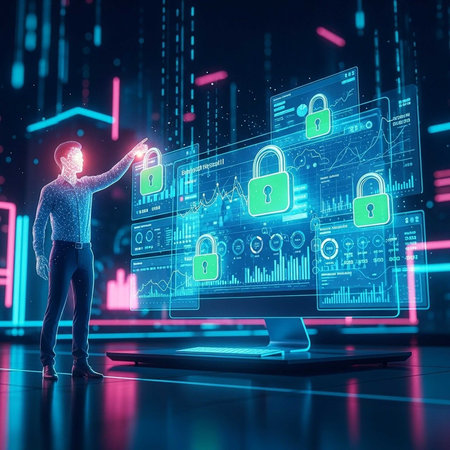 Person touching holographic screens with security icons