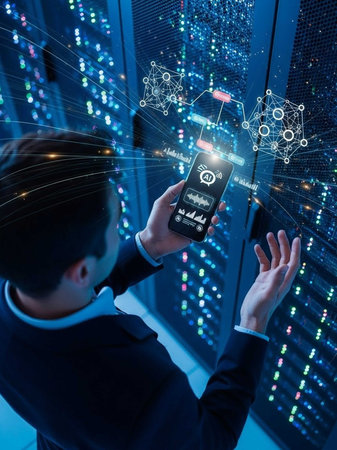 Person interacting with smartphone in digital data networkの写真素材