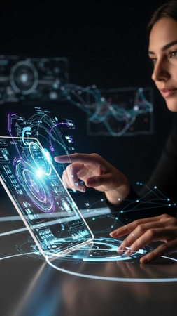 Woman using holographic interface on laptopの写真素材