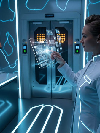 Female engineer using holographic screens in a high-tech server environmentの写真素材