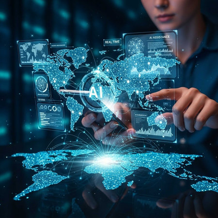 Hands manipulating futuristic AI holograms with global data