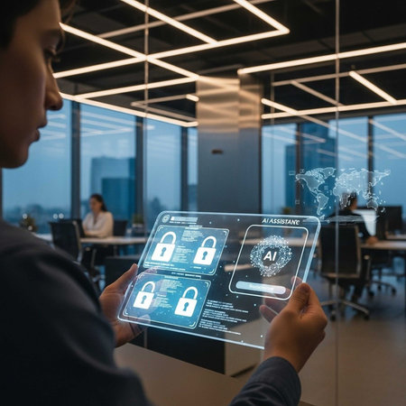 Man using holographic AI assistant for cybersecurity