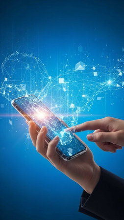 Hand holding smartphone with digital network hologram