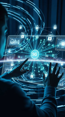 Hands manipulating 5G holographic screens with iconsの写真素材