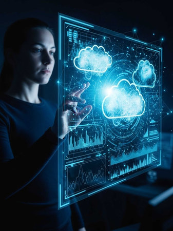 Woman using holographic screen with cloud icons and data chartsの写真素材
