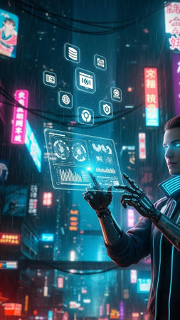 Person in cyberpunk city using holographic data interface