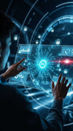 Hands touching a futuristic 5G holographic display with icons