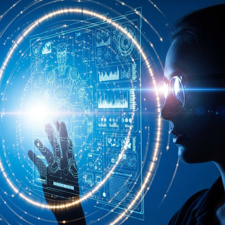 Silhouetted person using VR gloves to interact with holographic data screens