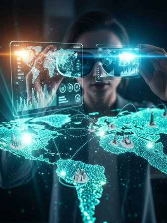 Man using holographic screens displaying world map and chartsの写真素材