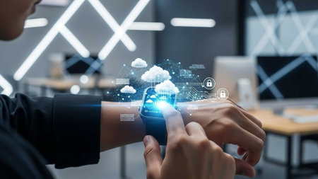 Close-up of hand using smartwatch with digital interfaceの写真素材