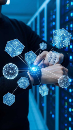 Hands manipulating glowing 3D cubes in a blue-lit server roomの写真素材