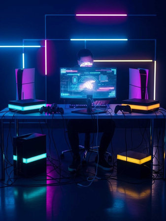 Person gaming at a neon-lit desk with dual monitors, keyboard, and controllersの写真素材