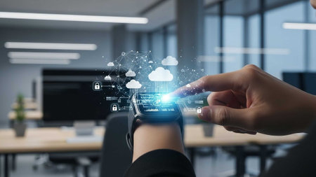 Hand touching holographic cloud icons in modern officeの写真素材