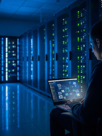 Person using laptop in server room with racks
