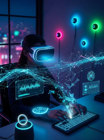 Individual wearing VR headset, interacting with holographic screens
