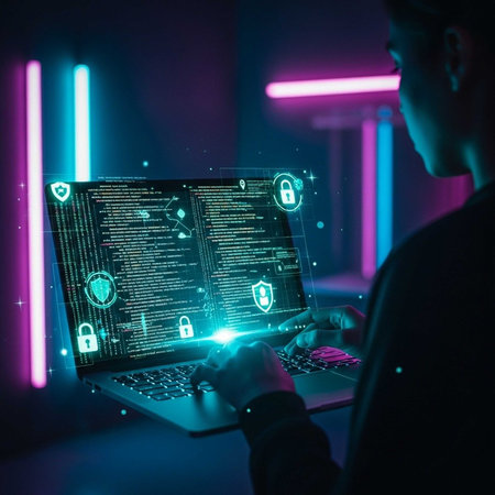 Person interacting with laptop showing code and security iconsの写真素材