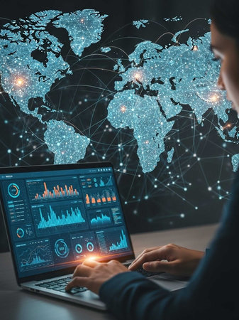 Person using laptop with global data map