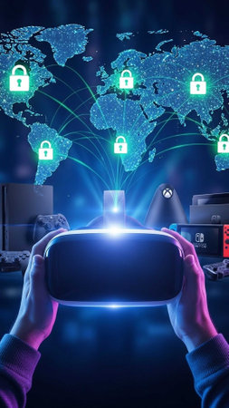 Hands holding VR headset, glowing locks, world map