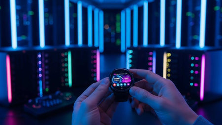 Hands holding smartwatch in front of illuminated serversの写真素材