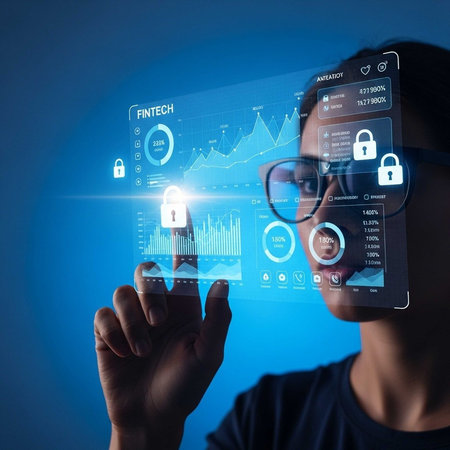 Man in glasses using virtual fintech interface with security iconsの写真素材