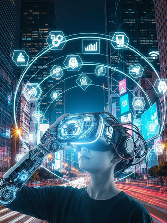 Individual with VR headset in urban night scene