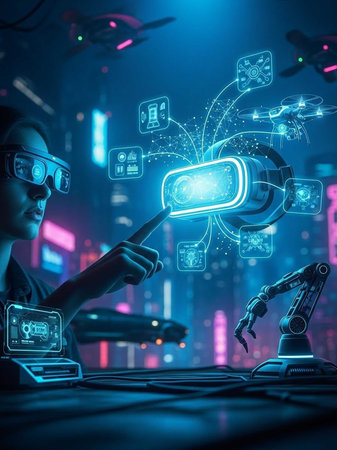 Person wearing VR headset interacting with robotic arms in a digital, neon-lit workspace