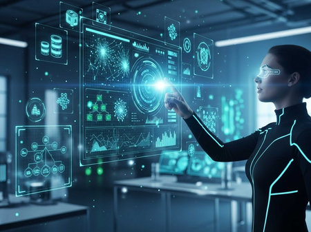 Female professional using holographic screens with data visualizations