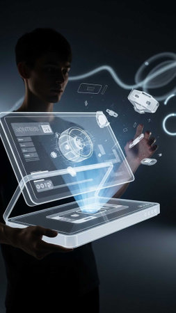 Man interacting with holographic display from laptop, surrounded by floating devicesの写真素材